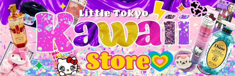 Little Tokyo Kawaii Store banner with colorful beauty products, Hello Kitty, and cosmetics