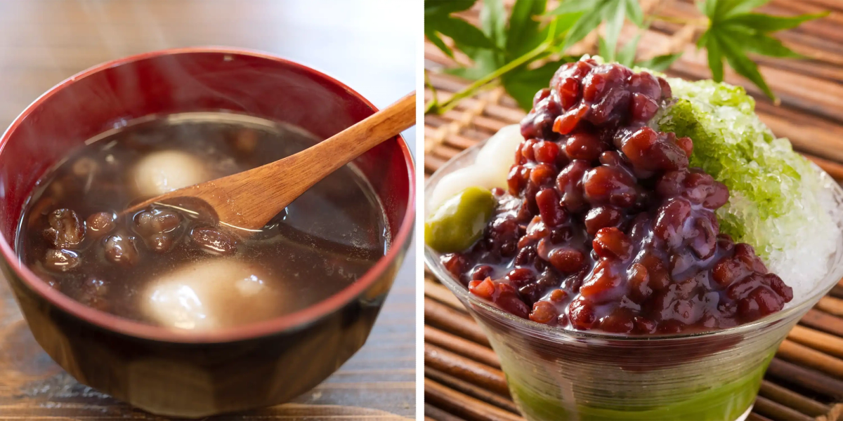 # Alt Text
Left: Red bowl with wooden spoon containing miso soup with tofu. Right: Shaved ice dessert with red beans and green matcha syrup