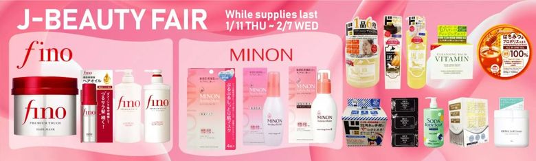 J-Beauty Fair promotion featuring Fino and Minon skincare products, sale 1/11-2/7