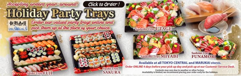 Holiday Party Sushi Trays featuring Fuji, Sakura, Miyabi, and Funamori varieties with nigiri and rolls