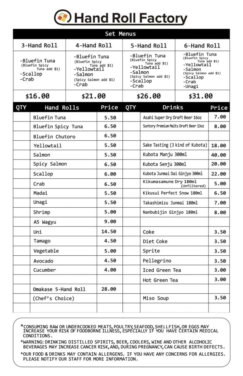 Hand Roll Factory menu with sushi rolls, individual rolls, drinks, and pricing