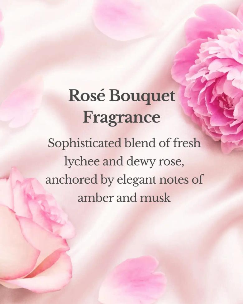 Rosé Bouquet fragrance product advertisement with pink peonies and floral background