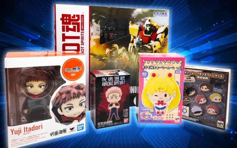 Anime collectible figures and toys including Transformers and Sailor Moon merchandise display