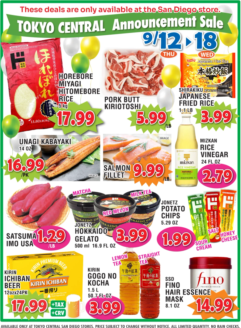 Tokyo Central San Diego store announcement sale flyer featuring Japanese groceries and food products