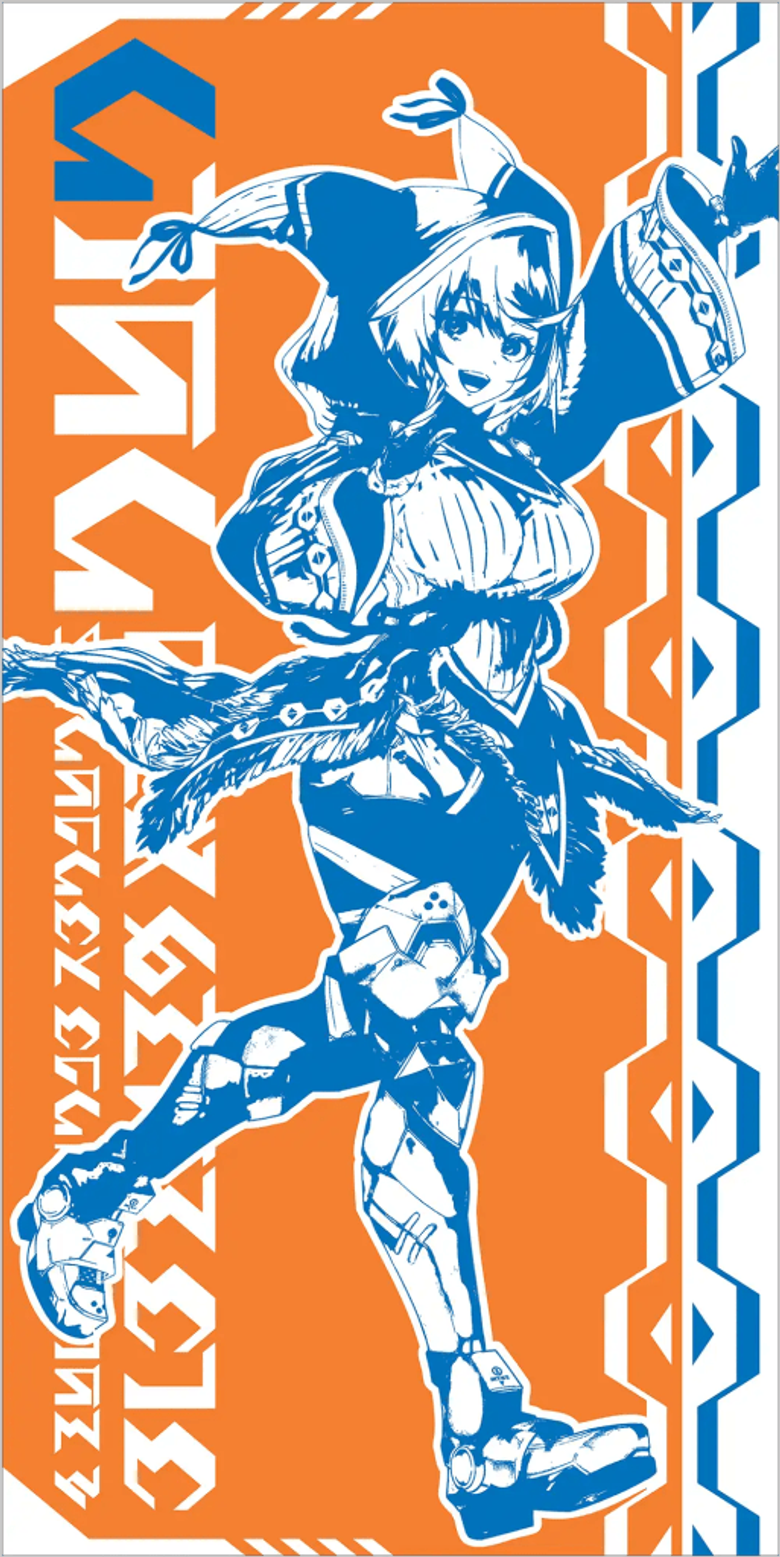 Anime character in blue and white outfit on orange geometric background with Japanese text