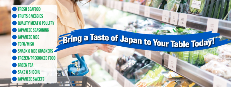Japanese grocery store display with fresh seafood, vegetables, and products; shopping basket held by customer
