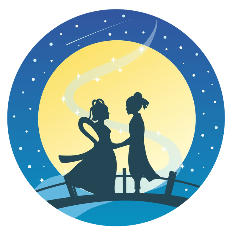 Two children silhouetted against full moon under starry night sky
