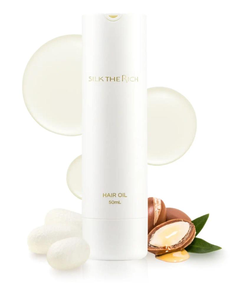 Silk the Rich hair oil 50mL bottle with macadamia nut and pearl ingredients displayed