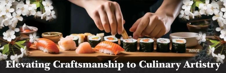 Chef preparing sushi with salmon, white flowers, and traditional Japanese plating on dark background