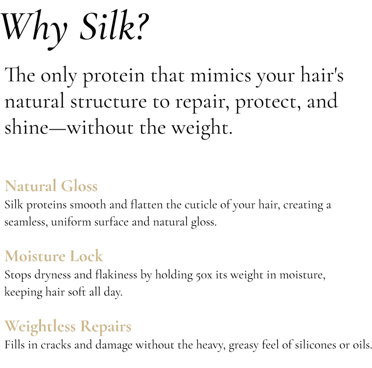 Natural Gloss, Moisture Lock, Weightless Repairs - product benefit features displayed on dark background