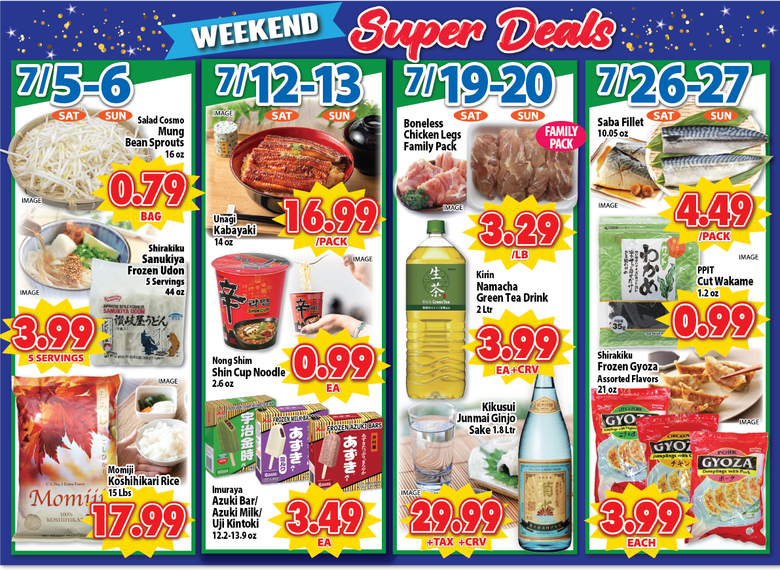 Weekly super deals flyer featuring Asian groceries, noodles, seafood, and beverages with discounted prices
