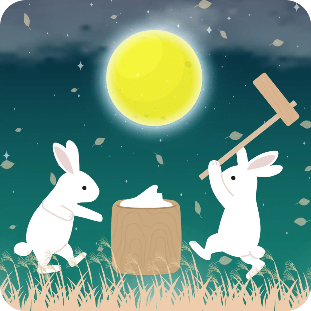 Two white rabbits under full moon with mochi and wooden mallet, autumn night scene