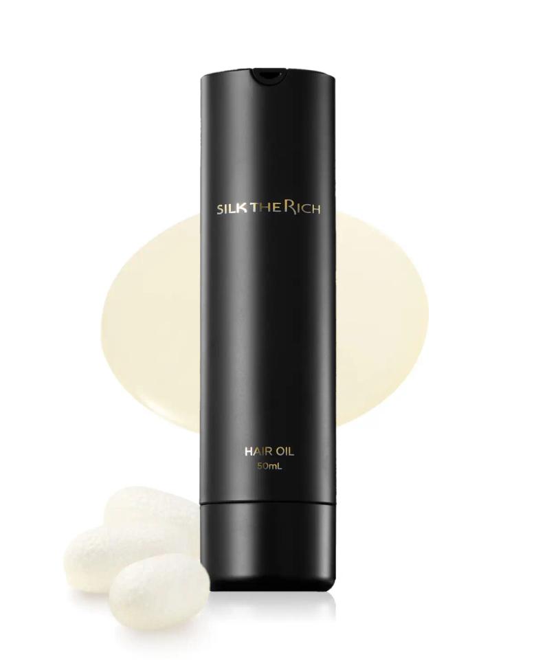 Silk the Rich hair oil 50mL black bottle with cream-colored product swatches