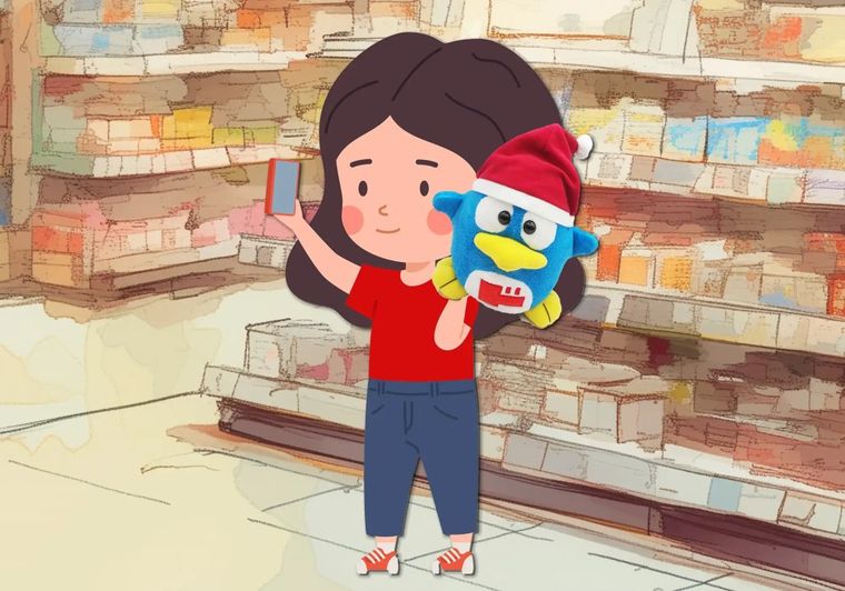 Girl holding festive blue bird toy in library setting with brick wall background