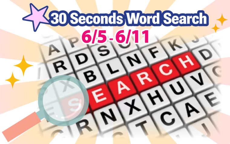 30 Seconds Word Search puzzle game, 6/5-6/11, with letter grid and magnifying glass
