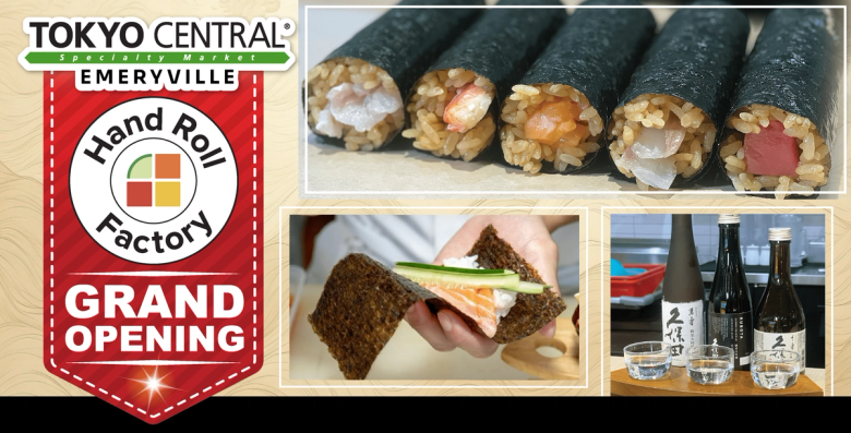 Tokyo Central Emeryville Hand Roll Factory grand opening with nori rolls, ingredients, and sake bottles