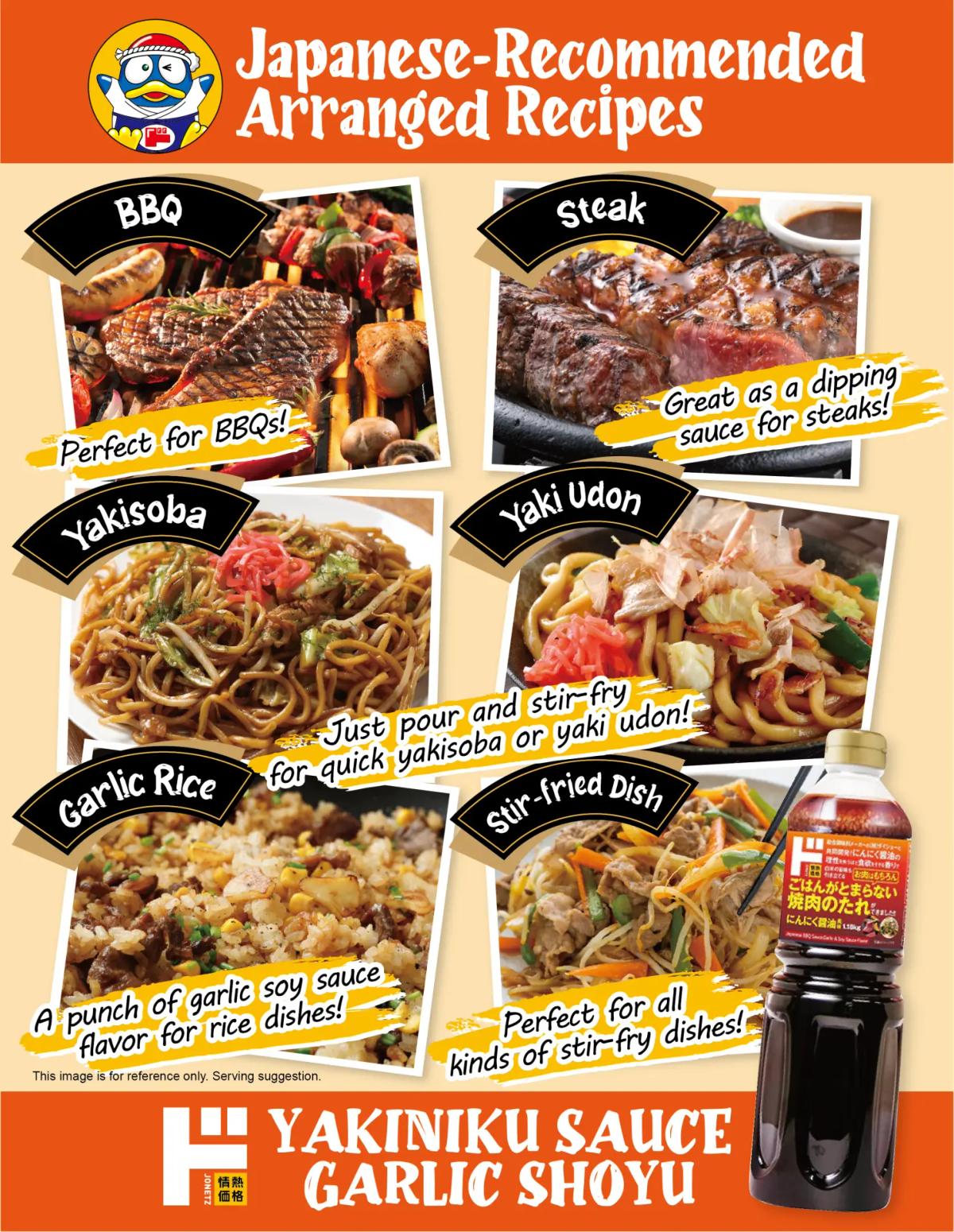 Yakiniku Sauce Garlic Shoyu recipe guide featuring BBQ, steak, yakisoba, yaki udon, garlic rice, stir-fried dishes