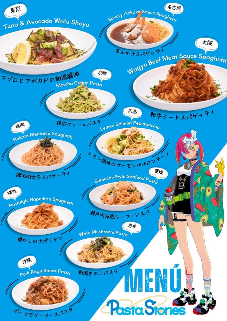 Pasta Stories regional spaghetti menu featuring tuna avocado, matcha cream, mentaiko, and wagyu beef dishes