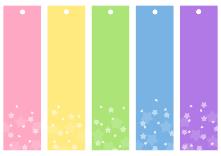 Five colorful vertical banners with stars: pink, yellow, green, blue, purple