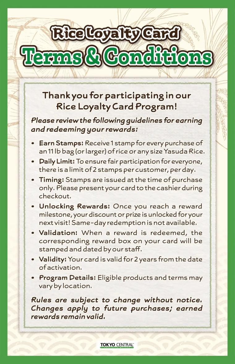 Rice Loyalty Card Program Terms and Conditions guidelines for earning and redeeming rewards