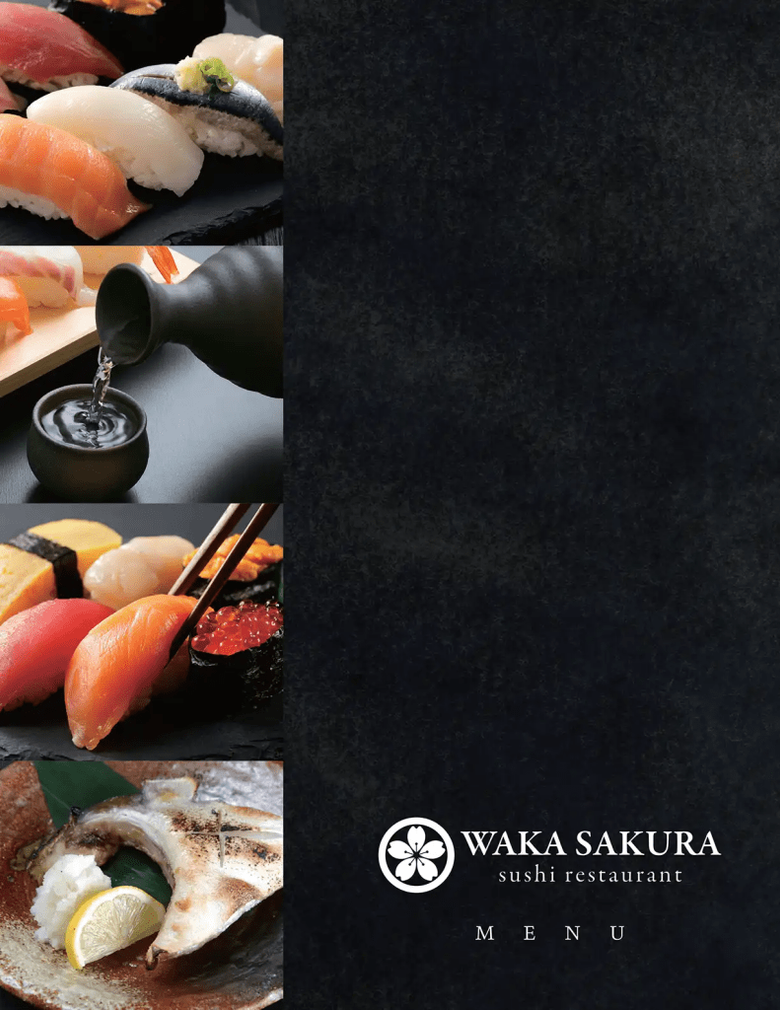 Waka Sakura sushi restaurant menu featuring nigiri sushi, sake, and fresh seafood