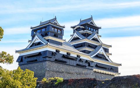 Historic Japanese castle with dual pagoda towers and stone foundation surrounded by green trees