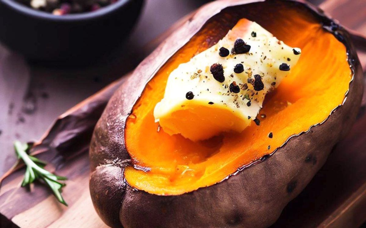 Baked sweet potato topped with butter, black pepper, and herbs on wooden surface