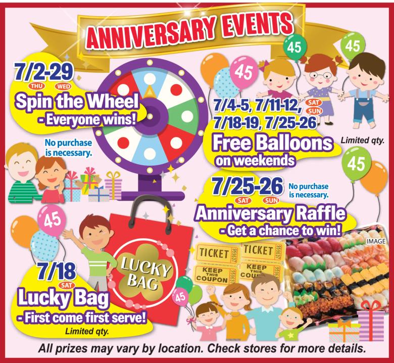 Anniversary events promotion featuring spin wheel, free balloons, lucky bags, and raffle drawings from July 2-29