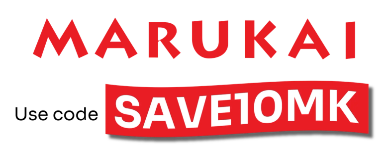 Marukai Save 10MK logo in red and white text on black background
