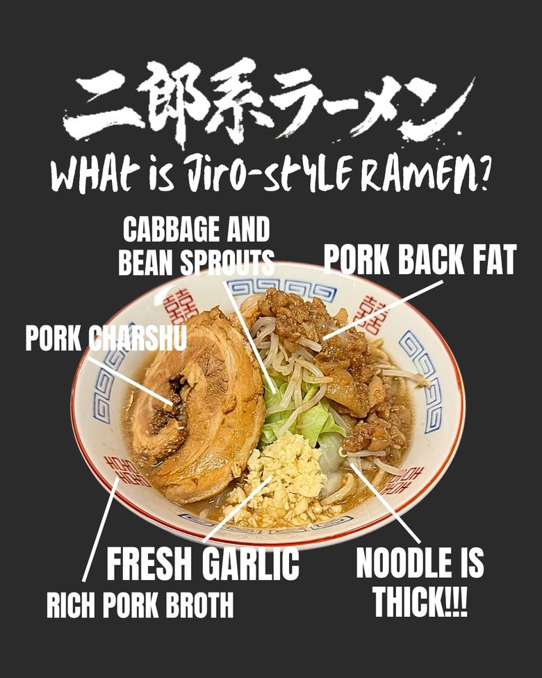 Jiro-style ramen bowl with pork chasu, thick noodles, cabbage, bean sprouts, garlic