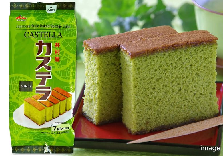 Castella matcha sponge cake package with sliced green tea cake pieces displayed on red plate