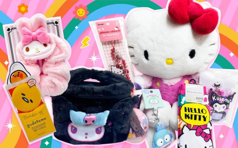 Hello Kitty merchandise collection including plushies, accessories, and character goods on colorful rainbow background