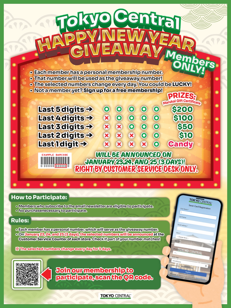 Tokyo Central Happy New Year Giveaway promotion flyer for members with prize details