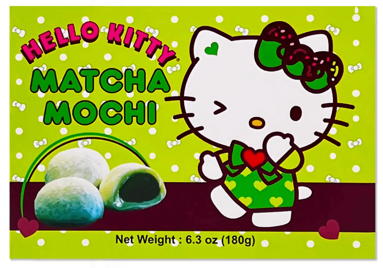 Hello Kitty Matcha Mochi box with green tea mochi balls and product details