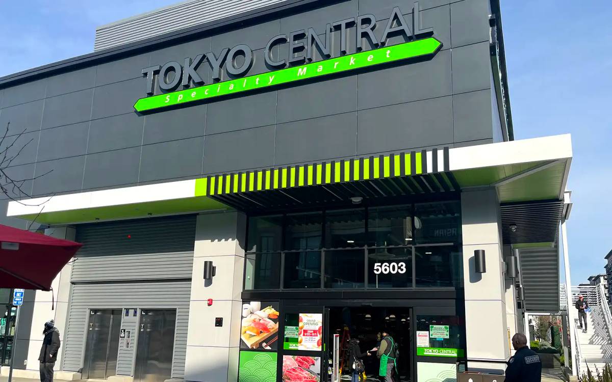 Tokyo Central Japanese grocery store exterior with green neon signage and entrance