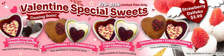 Valentine Special Sweets promotion featuring chocolate mousse, creamy pudding, and strawberry daifuku, 2/9-2/14 limited time