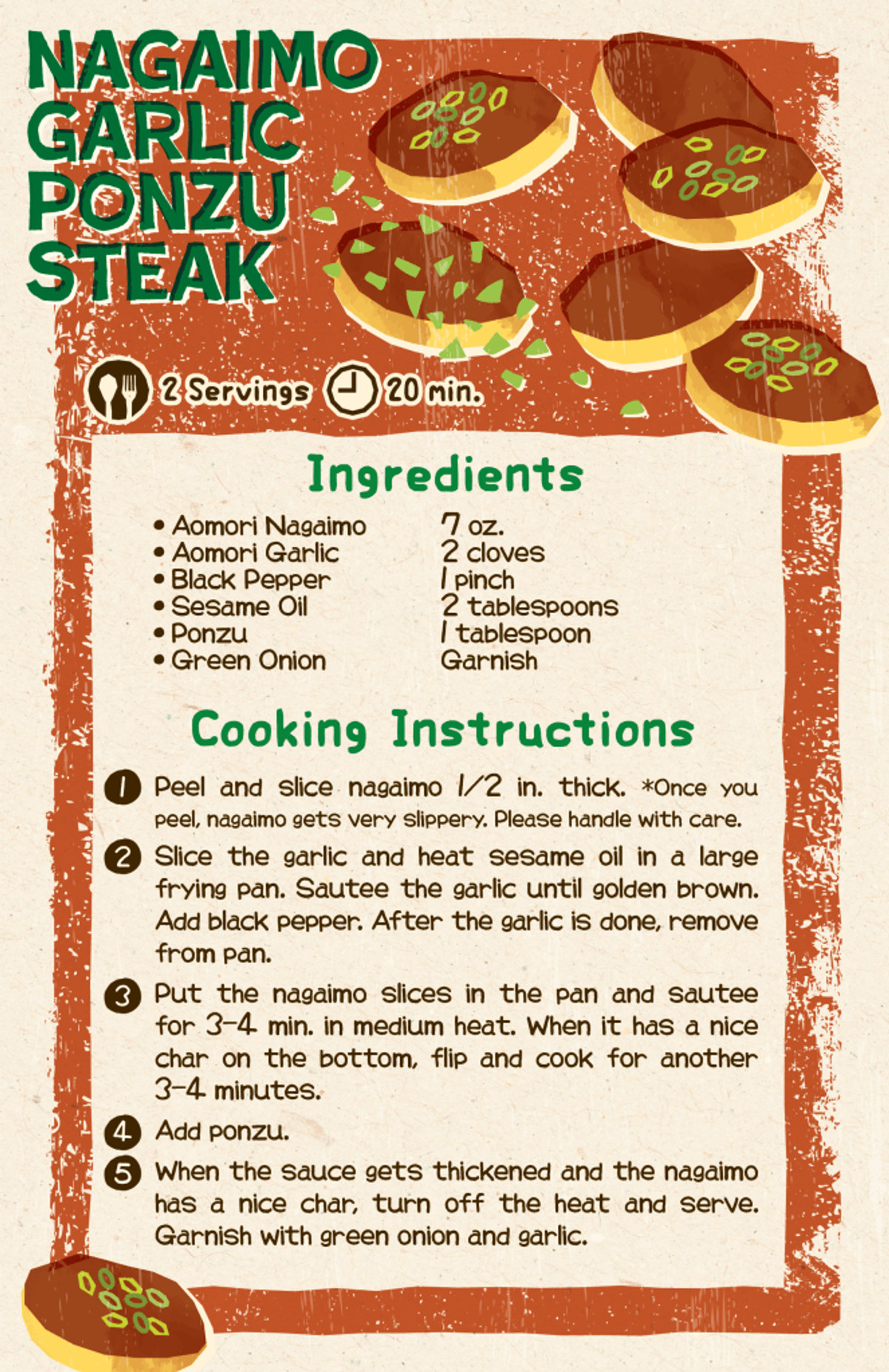 Nagaimo Garlic Ponzu Steak recipe card with ingredients and cooking instructions